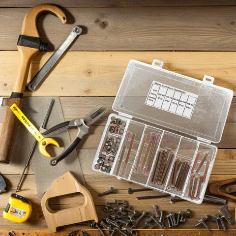 49 Piece M6 Socket Head Cap Screws 40 To 80 Mm And Barrel Nut Assortment Kit for Furniture and Bed Frames with tools on wooden surface