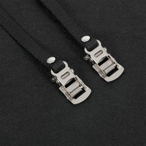 Close-up of black nylon straps with stainless steel clamps, part of 2 Pcs Bike Pedal Straps With Toe Clips, Universal Replacement Foot Pedal Straps