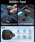 Beefy 130W Car Drone Charger With 3 USB Ports USB C USB A Fast Charging For DJI Mini Air Mavic 4 Pro shown in car setting with safety features