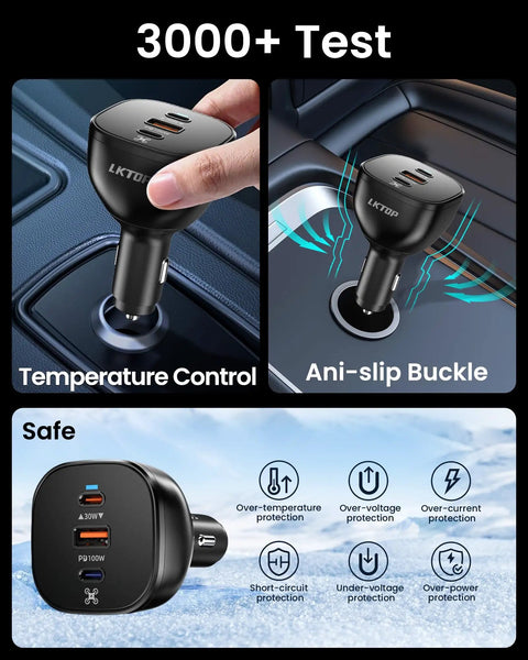 Beefy 130W Car Drone Charger With 3 USB Ports USB C USB A Fast Charging For DJI Mini Air Mavic 4 Pro shown in car setting with safety features