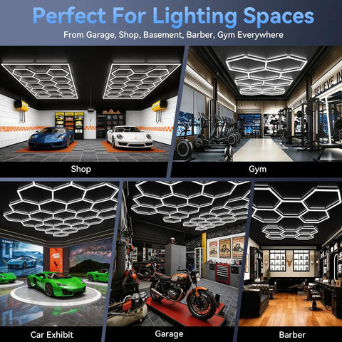 Hexagon 5000K LED Garage Lights 25 Pack illuminating various spaces including garage, gym, car exhibit, shop, and barber