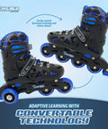 Black and blue convertible inline roller skates with 64mm wheels for kids, featuring adaptive learning technology.
