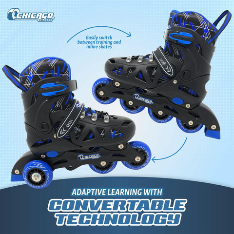 Black and blue convertible inline roller skates with 64mm wheels for kids, featuring adaptive learning technology.