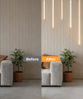 FTL CCT LED Recessed Lighting Kit, Wood Slat Wall Panel Lights 2700K-6000K displayed in living room, showcasing before and after illumination.
