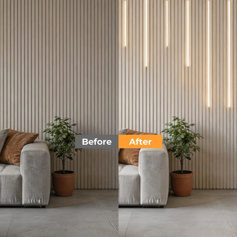 FTL CCT LED Recessed Lighting Kit, Wood Slat Wall Panel Lights 2700K-6000K displayed in living room, showcasing before and after illumination.