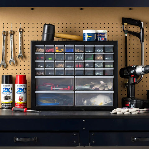 36 Drawer Parts Storage Cabinet For Garage And Workshop Built Tough Organizer For Hardware Screws Nuts Bolts Beads And Craft Supplies Electronics Teacher Toolbox Made In USA Black shown in a workshop setting with tools and supplies.