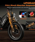 Close-up of Dual Motor 5000W Peak Electric Bike for Adults With 52V 30Ah Battery showcasing full suspension system.