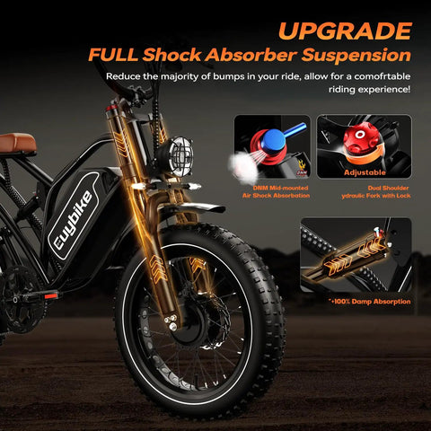 Close-up of Dual Motor 5000W Peak Electric Bike for Adults With 52V 30Ah Battery showcasing full suspension system.