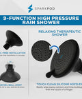 High Pressure 3-Function Rain Shower Head In Midnight Black Matte, displayed with tool-free install features and silicone nozzles.