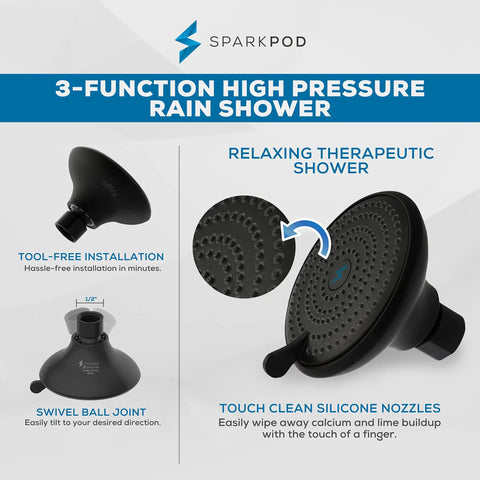 High Pressure 3-Function Rain Shower Head In Midnight Black Matte, displayed with tool-free install features and silicone nozzles.