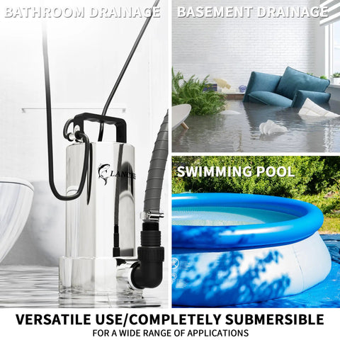 Beefy 1.6 HP Submersible Sump Pump With Stainless Steel Casing, 6000 GPH High Flow, 30 Ft Head in various drainage settings.