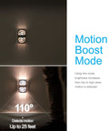 LED Motion Sensor Night Light With Motion Boost Plug In Dusk To Dawn Energy Efficient UL Certified Brushed Nickel Swirl Finish showing motion detection up to 25 feet.