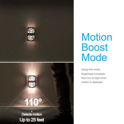 LED Motion Sensor Night Light With Motion Boost Plug In Dusk To Dawn Energy Efficient UL Certified Brushed Nickel Swirl Finish showing motion detection up to 25 feet.