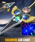 Colorful LED toy sword with glowing blades on a dark background, showing intricate design and light patterns