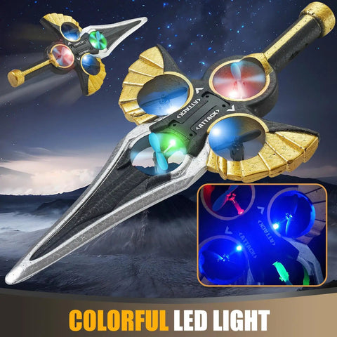 Colorful LED toy sword with glowing blades on a dark background, showing intricate design and light patterns
