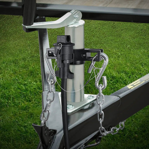 Heavy Duty Trailer Towing Organizer With Aluminum Chain Holder And 7 Way Plug Cover, attached to trailer jack on grass surface