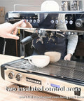 Two Group Commercial Espresso Machine With Semi Automatic Controls 1.6 Gallon Boiler Rotary Pump Stainless Steel Finish on counter with control panel in use.