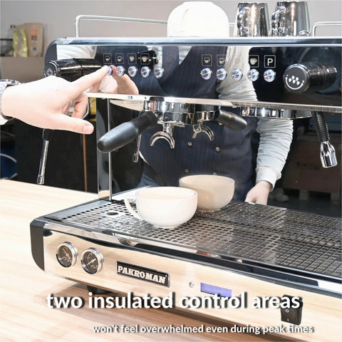 Two Group Commercial Espresso Machine With Semi Automatic Controls 1.6 Gallon Boiler Rotary Pump Stainless Steel Finish on counter with control panel in use.