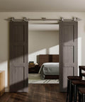 Heavy Duty Stainless Steel Double Sliding Track Barn Door Hardware Kit installed in a modern living space, 6.6 foot rail system