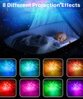 Astronaut Galaxy Projector Night Light With Timer And Remote Green Nebula Ceiling Lamp showing 8 projection effects over crib