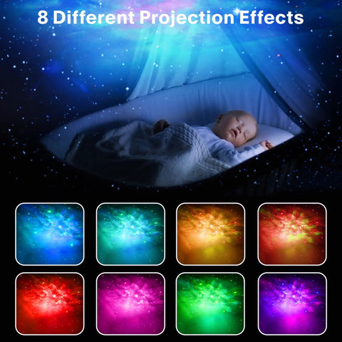 Astronaut Galaxy Projector Night Light With Timer And Remote Green Nebula Ceiling Lamp showing 8 projection effects over crib