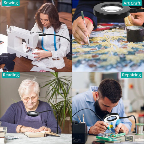5X Magnifying Desk Clip Lamp With 10 Dimmable Brightness Levels used for sewing, art crafting, reading, and electronics repair