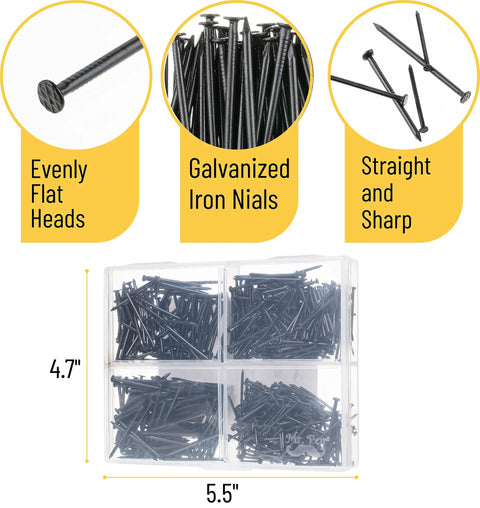 600 Black Nails In 4 Sizes Nail Assortment Kit For Picture Hanging And Woodworking Finishing Nails For Drywall And Repairs Tough As Nails Steel Build, showing box with multiple compartments of nails and close-ups of nail heads, length, and sharpness.