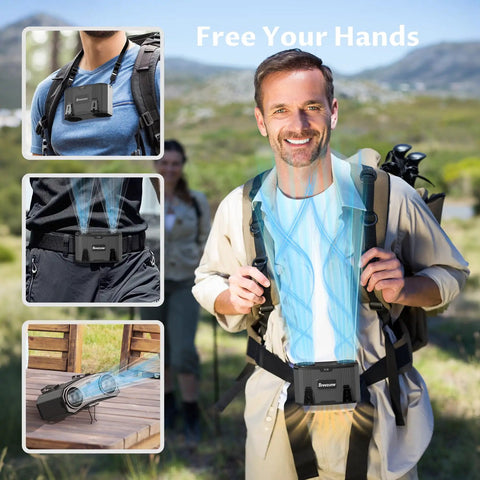 Man using Waist Belt Portable Fan With Rechargeable Battery, Hands Free Wearable Personal Cooling, Up To 30 Hours Of Runtime