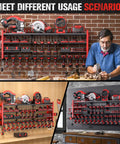 Image of a 49.8 Inch Wall Mount Power Tool Organizer with four shelves and 18 holders in a garage workshop setting.