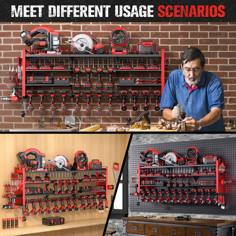 Image of a 49.8 Inch Wall Mount Power Tool Organizer with four shelves and 18 holders in a garage workshop setting.