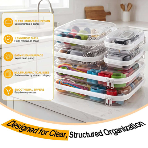 Game Changing Clear Hard Shell Zipper Pouches Including One Medium And Three Small Sizes Designed To Master Your Diaper Bag Setup While Keeping All Daily Essentials Secure And Hassle Free, stacked with assorted items.