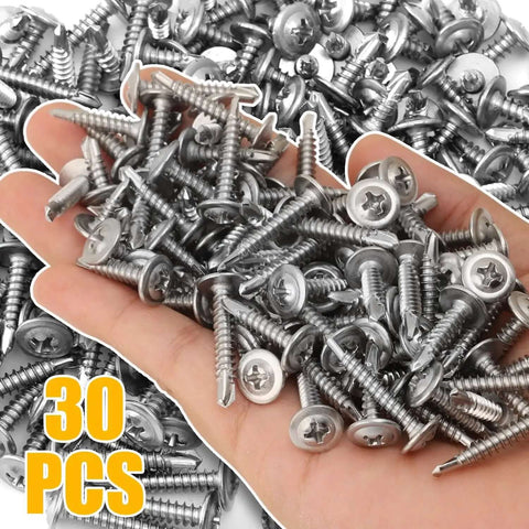 A hand holding Heavy-Duty 410 Stainless Self-Tapping Screws Set With Flat Head Phillips for wood and sheet metal, 30 pieces.