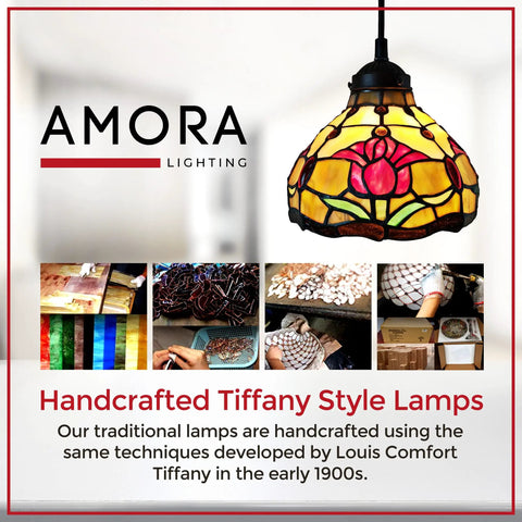 Vintage Tiffany Style Hanging Lamp With Red Floral Tulips 8 Inch Stained Glass Pendant Featuring 128 Hand Cut Pieces And 20 Jewels UL Listed LED And CFL Compatible E26 60W Bulb Not Included.