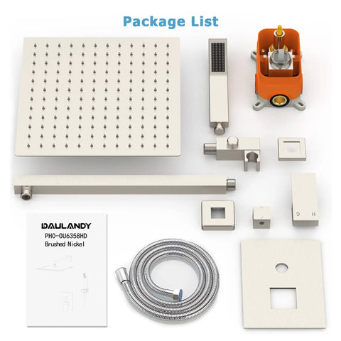 All Metal Shower System With 12 Inch Rain Shower Head And Handheld components in brushed nickel finish package list