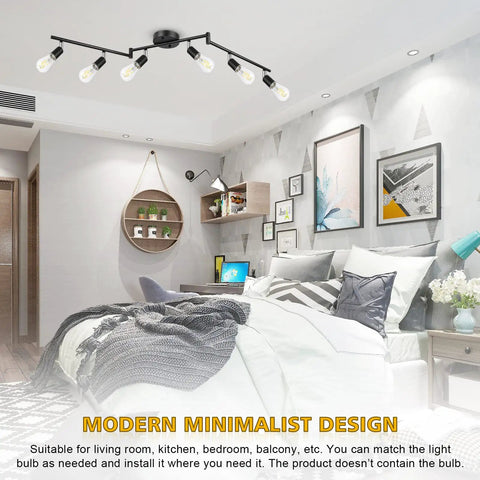 Bedroom with Six Light Track Lighting Kit With Flexible Foldable Arms And Rotatable Heads, E26 Base Black Ceiling Spotlight