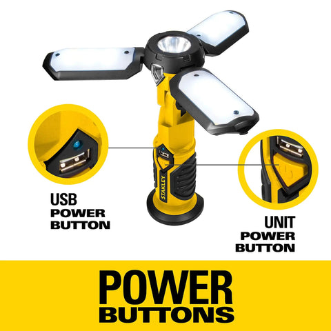 Super Bright Rechargeable Three Panel Foldable Led Satellite Work Light with pivot heads and power buttons, USB and unit view.