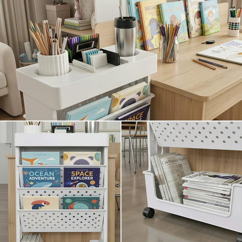 Five Tier Mobile Bookshelf With Rolling Wheels For Home Office Study Living Room Classroom White Space Saving Shelving Cart Movable File Organizer For Books Magazines And More in use with books and stationery.