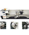 INTSUPERMAI 8x32 metal lathe front view with double chuck, imperial/metric gears, tailstock and tool post.