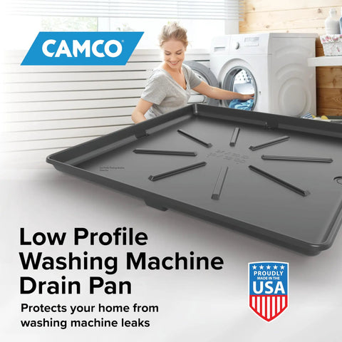 Low Profile Washing Machine Drain Pan With PVC Fitting For Front Loaders, 29 Inch By 33 Inch ID And 30.5 Inch By 34.5 Inch OD, Graphite