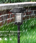 5 Pack Solar Outdoor Pathway Lights With Glass Lantern-Style Heads in rain, brick background, durable weatherproof design
