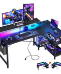 48 Inch Gaming Desk With USB Charging Ports And LED Lights, Reversible L Shaped Corner Desk With Monitor Stand, Storage Shelves And Power Outlets, Black