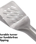 Outdoor Grilling Turner And Tongs Set with heavy duty stainless steel turner, wide beveled head for easy burger flips shown.