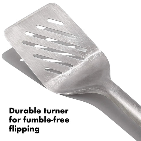 Outdoor Grilling Turner And Tongs Set with heavy duty stainless steel turner, wide beveled head for easy burger flips shown.