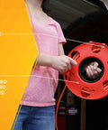 Person holding orange Heavy Duty Cord Storage Wheel Holds 125 Feet Of 16/3 Or 110 Feet Of 14/3 Cord Tangle Free Design.