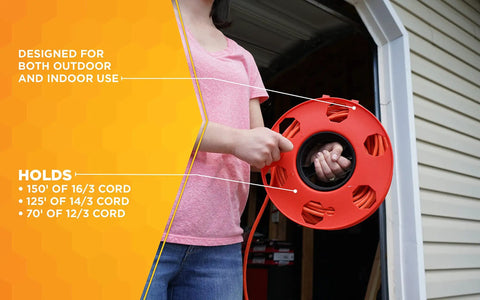 Person holding orange Heavy Duty Cord Storage Wheel Holds 125 Feet Of 16/3 Or 110 Feet Of 14/3 Cord Tangle Free Design.