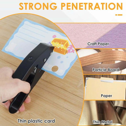 Heavy Duty 15 mm Round Hole Punch Tool For Paper, 20 Sheets Capacity shown punching thin plastic card