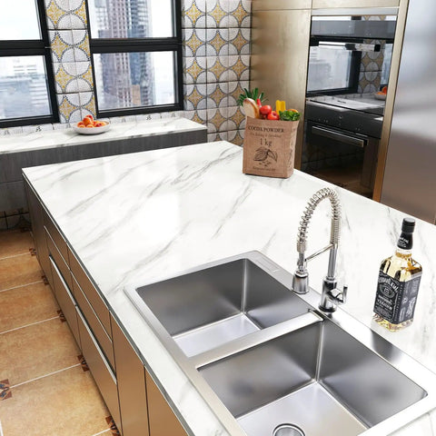 Modern kitchen with White Marble Peel And Stick Contact Paper 24 Inch Wide By 200 Inch Long Waterproof Vinyl Wrap on countertops.