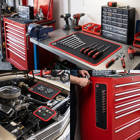 Magnetic Tool Mat 4 Pack Flexible Holds Tools Tight With 40Lb Magnetic Power Keeps Screwdrivers, Wrenches, Bolts Secure On Tilt Or Vibration, Ultimate Workbench Organizer For Garage And Shop on a red workbench with tools