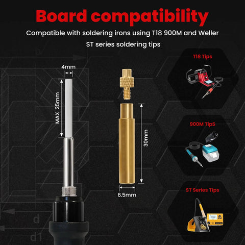 Eight Piece Soldering and Heat Set Tip Kit for Thread Inserts in 3D Printed Parts with dimensions and compatibility details