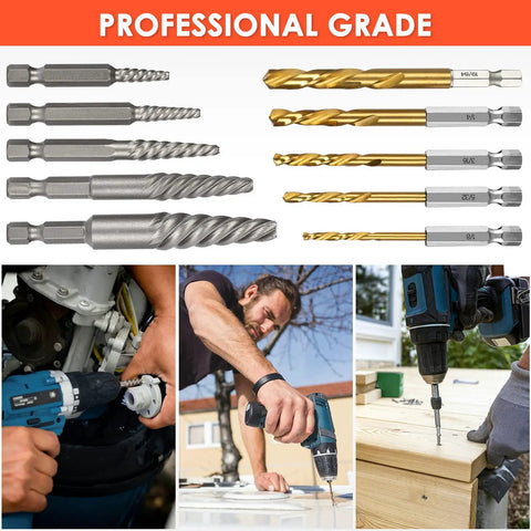 Stripped Screw And Bolt Extractor Set With Left Hand Drill Bits; DIY tool set in use for removing stubborn fasteners